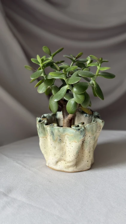 Pofalowana osłonka ceramiczna z zielonym spływem